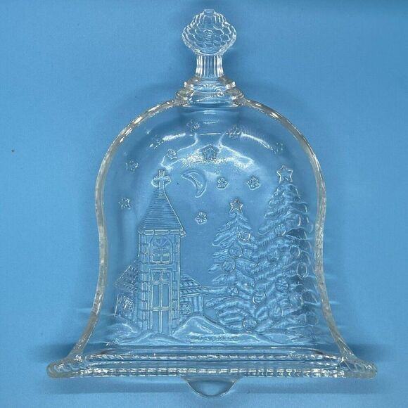 Vintage Clear Glass/Church &‎ Trees on Christmas Bell Candy Dish - Picture 1 of 2